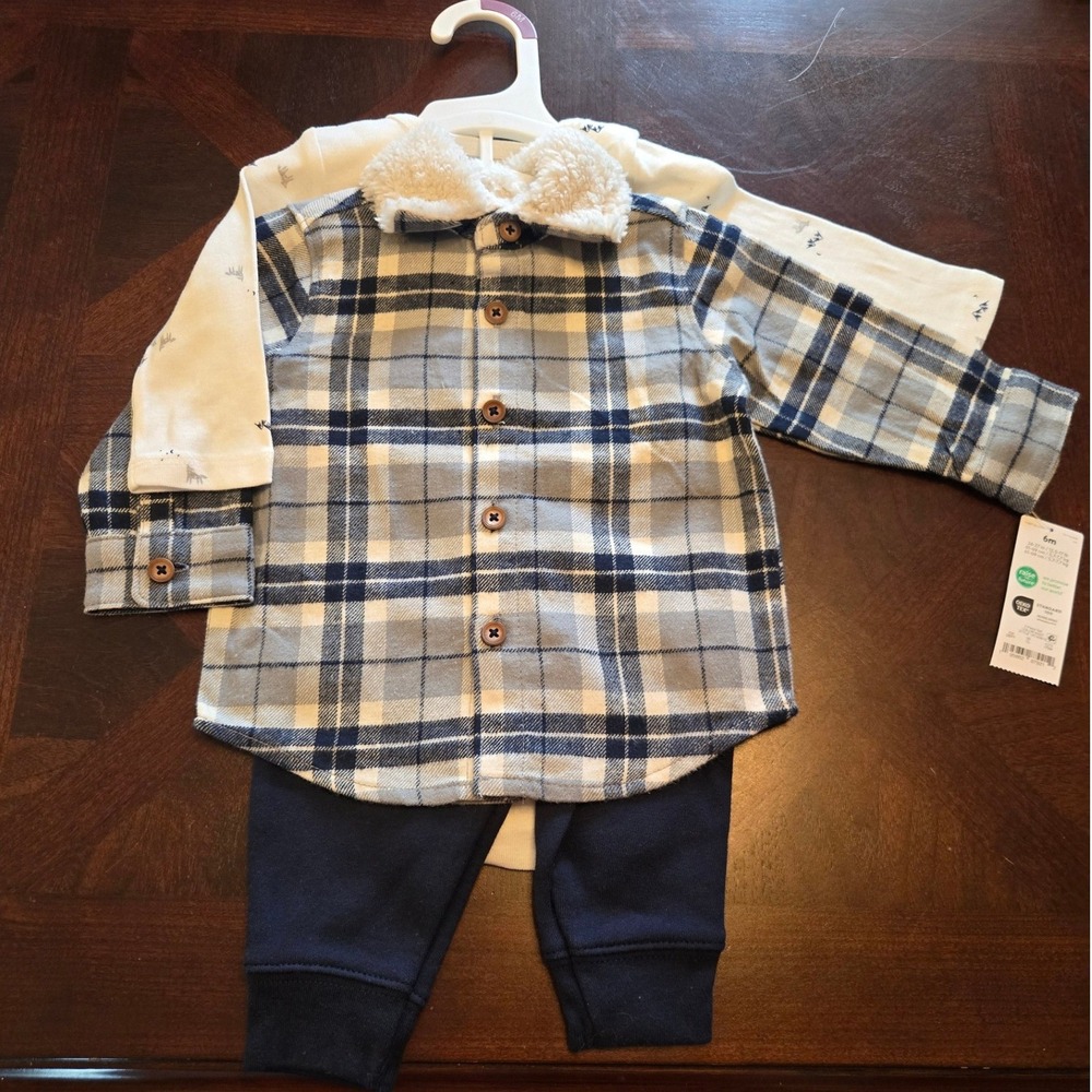 Carters Just One You Mens 6M 3-Piece Plaid Flannel Shirt Bodysuit Pants Set Blue